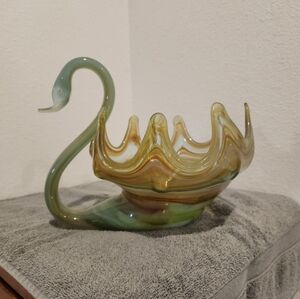 Vintage Large Murano Style Blown Glass Swan w Green, Amber & Brown